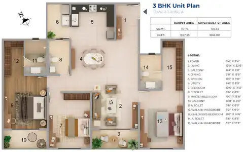 Adarsh Lumina 3 BHK Apartment Floor plan 1835 square feet by Adarsh Developers located in off Sarjapur Road, East Bangalore