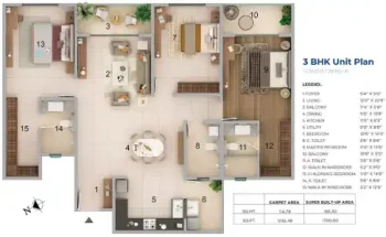 Adarsh Lumina 3 BHK Apartment Floor plan 1790 square feet by Adarsh Developers located in off Sarjapur Road, East Bangalore